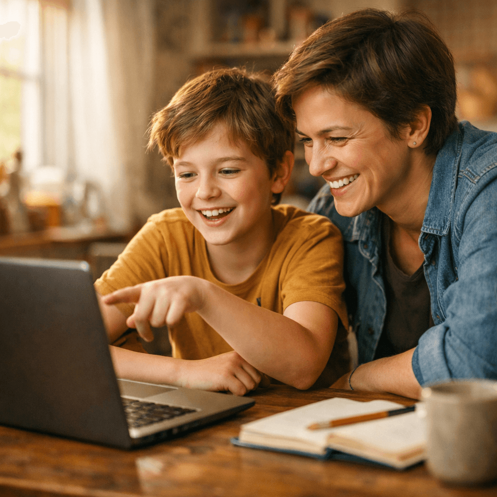 A parent and student exploring Xogos together on a laptop at the kitchen table